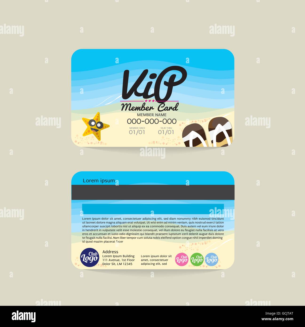 Vorder- und Rückseite VIP Member Card Template Meer und Strand-Konzept-Vektor-Illustration Stock Vektor