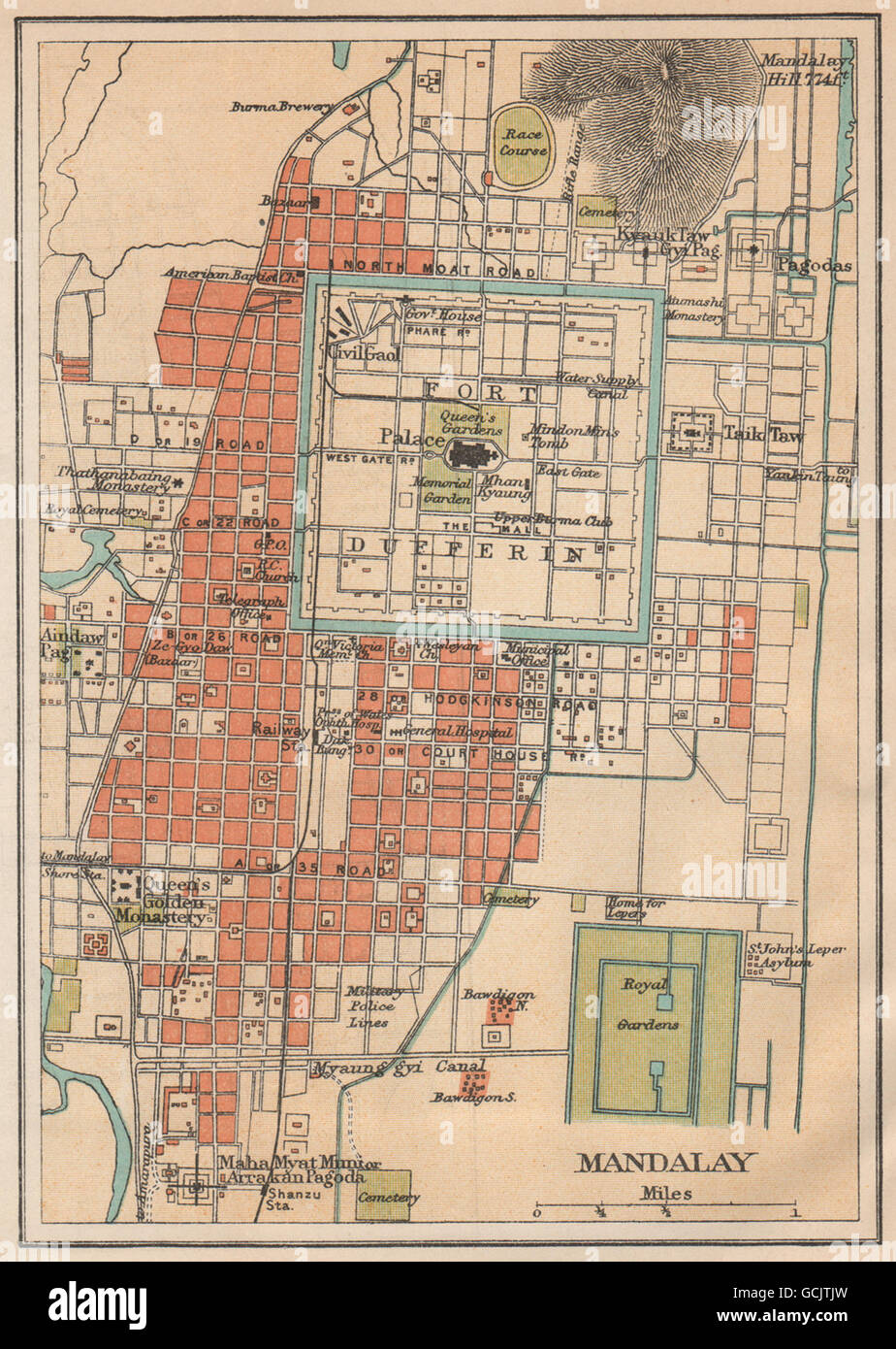 BRITISCHE BURMA. Stadtplan von Mandalay. Myanmar.Fort Dufferin