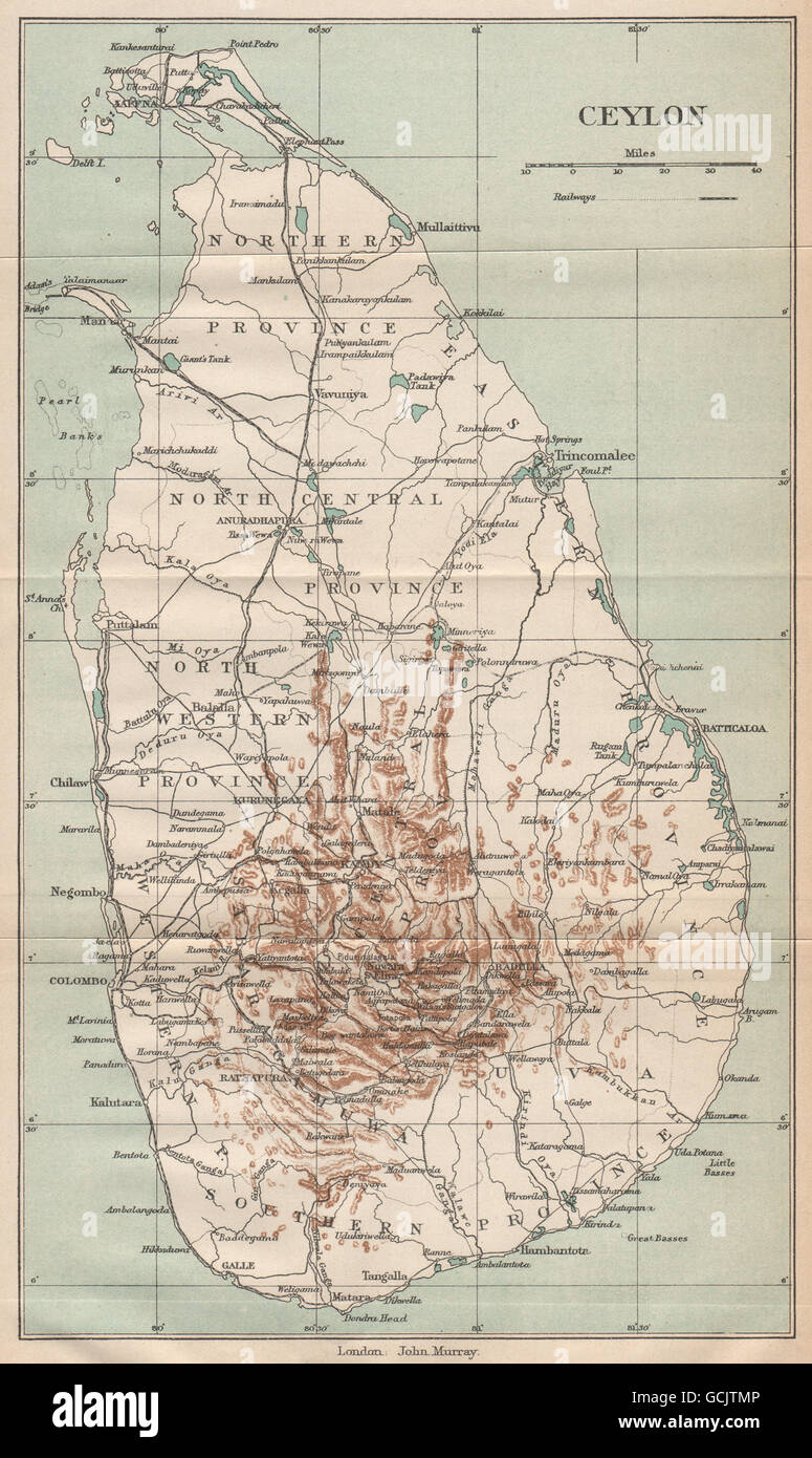 CEYLON. Ceylon (Sri Lanka) Karte mit Schiene Städte. Britisch-Indien