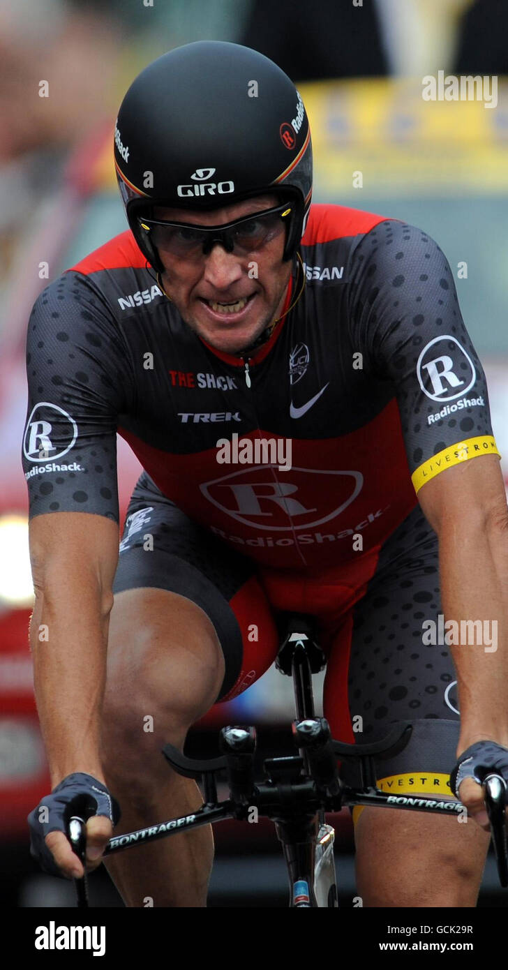 RadioShacks Lance Armstrong aus den USA beendet die Tour de France Vorstufe, Zeitfahren in Rotterdam, Niederlande. Stockfoto