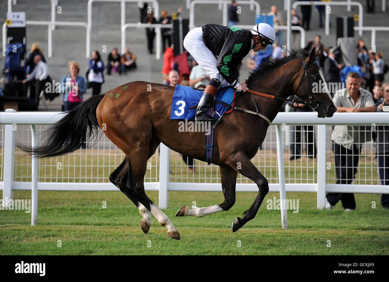 Pferderennen - Epsom Live! Mit dem Feeling - Epsom Downs Racecourse. Liberty Trail von James Doyle geritten wird für die Brothers Pear Cider Post behauptet Einsätze bei Epsom LIVE! Stockfoto