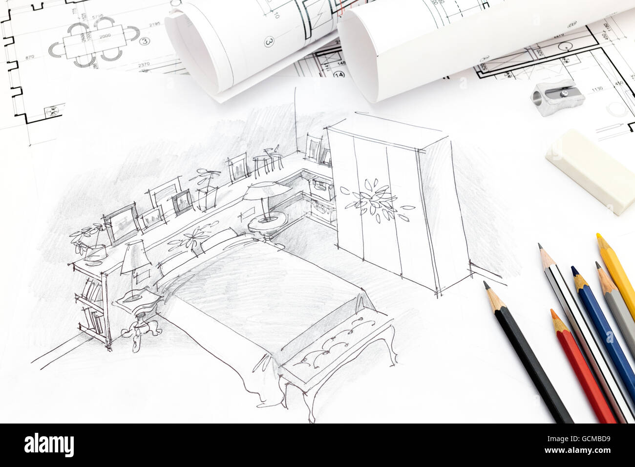 Bedroom Interior Hand Drawing Blueprint Stockfotos Bedroom