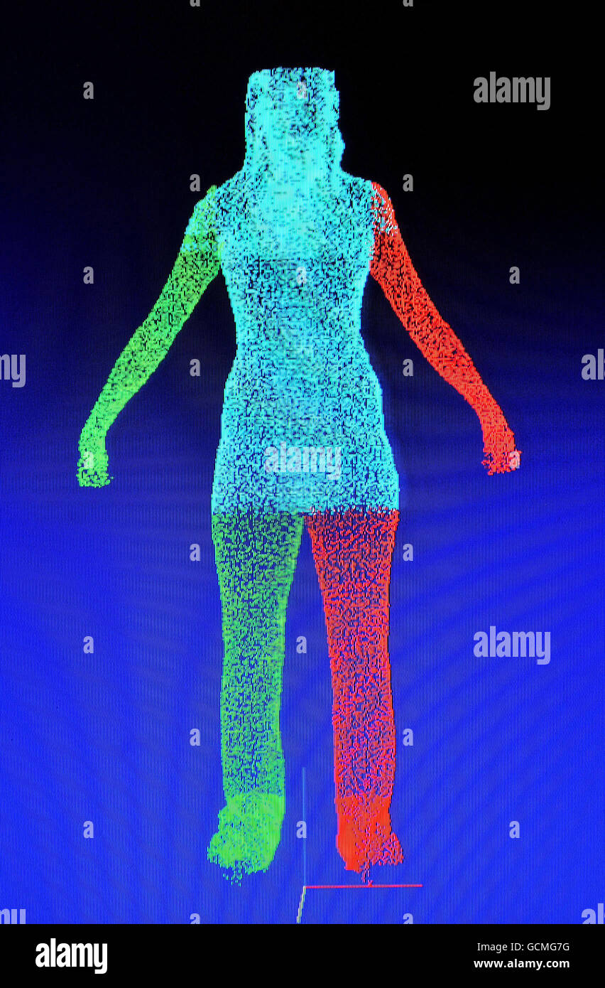 Ein computergeneriertes Bild von Natalie Mills von einem 3D-Körperscanner, der für die Messung maßgeschneiderter Kleidung verwendet werden kann, im Science Museum, London. Stockfoto