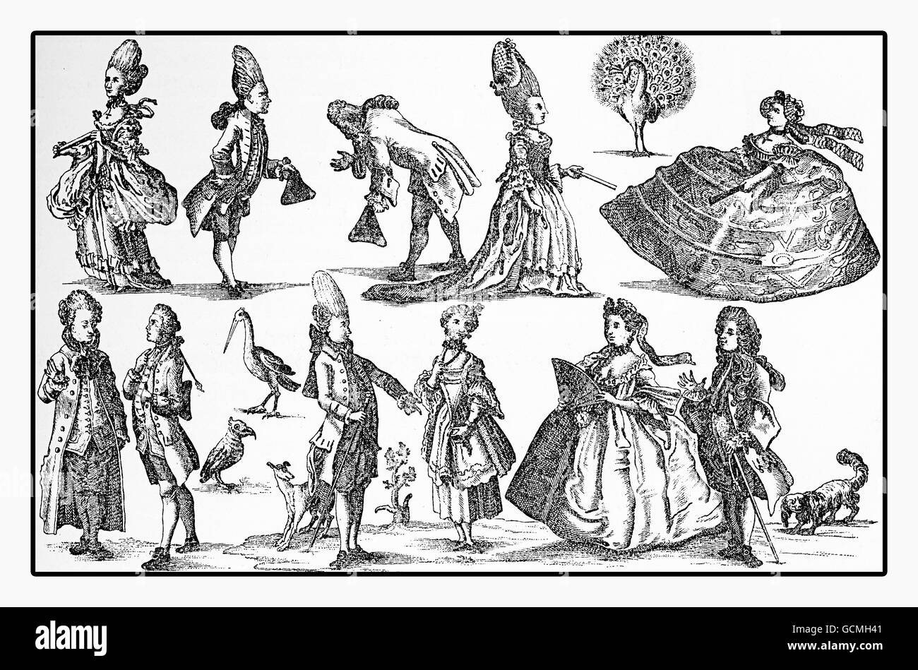 Mode XVIII Jahrhundert Karikatur, Ähnlichkeit mit Pfauen, Störche und Haustiere Stockfoto