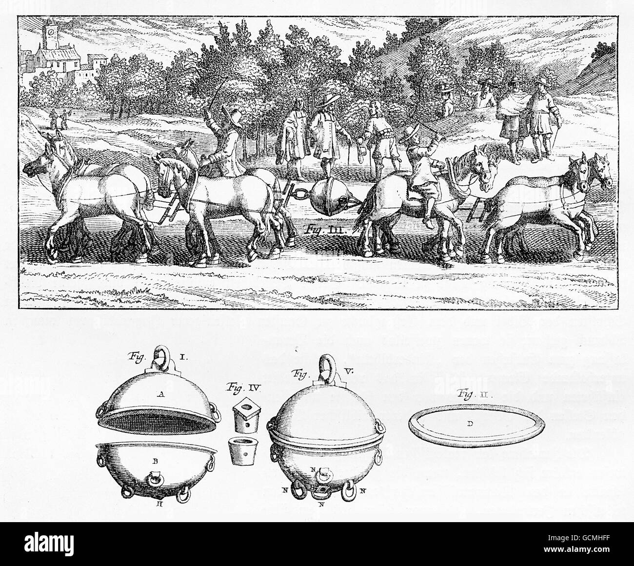 Gravur zeigt ein Experiment mit einer evakuierten Bereich wird durchgeführt bei Magdeburg, Deutschland im Jahre 1654. In der Demo konnte 16 Pferde (hier nur 8 vertreten) nicht auseinander die beiden Hälften einer evakuierten Kugel ziehen als Magdeburger Halbkugeln bekannt wurde. Stockfoto