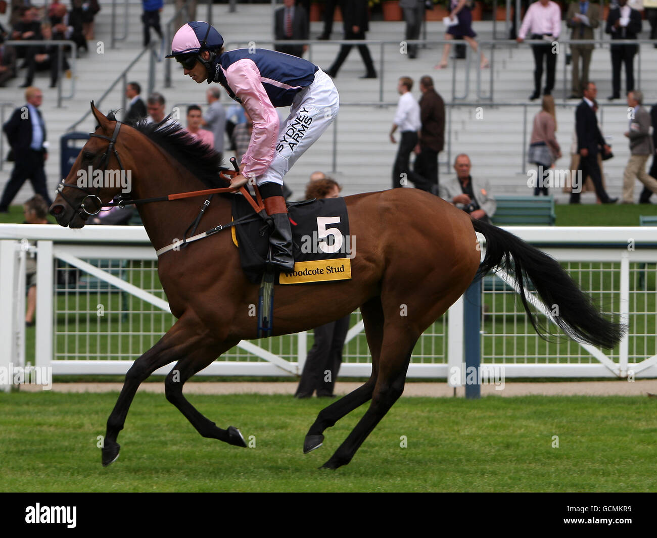 Jockey Richard Hughes auf Blauer Engel geht, um in Posten Der Woodcote Stud E.B.E Valiant Stakes Stockfoto