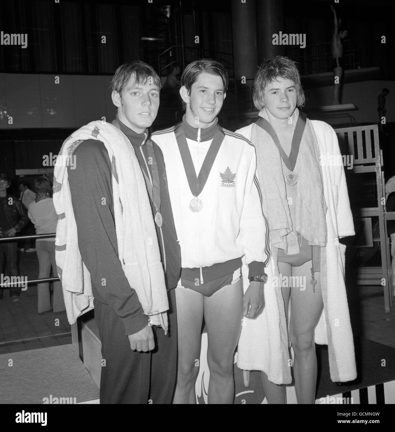 Die drei Medaillengewinnerinnen mit ihren Medaillen; von links nach rechts: William Mahoney (Kanada), 1., Paul Jarvie (Australien), 2. Und David Wilkie (Schottland), 3. Stockfoto