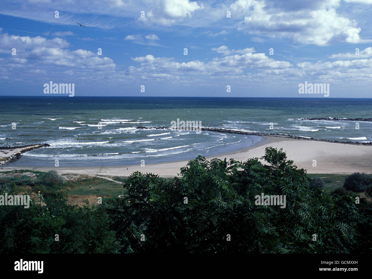 der Strand in der Stadt Constanta am Schwarzen Meer in Rumänien in Ost-Europa. Stockfoto