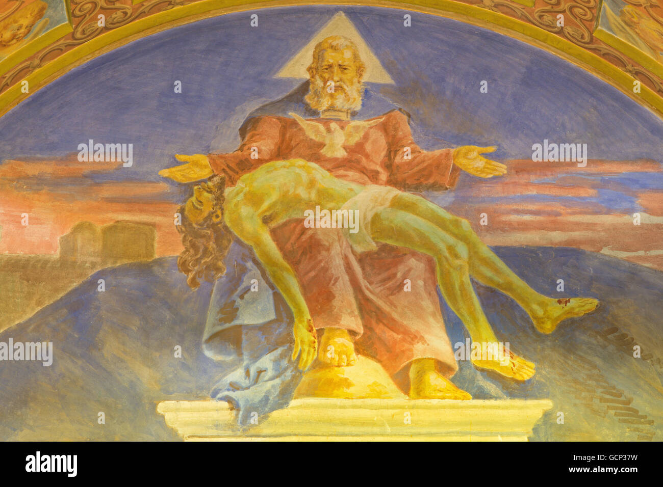 Rom, Italien, 2016: Das Fresko mit dem Tod Sohn (1957-1965) in der Kirche Basilica di Santa Maria Ausiliatrice Gottvater Stockfoto