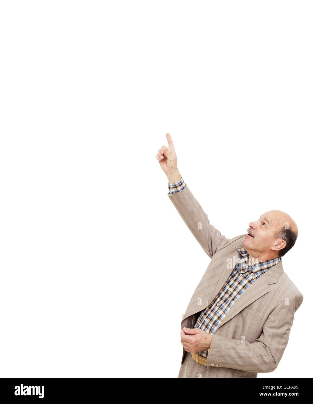 Unternehmer auf der Suche nach oben überrascht Stockfoto