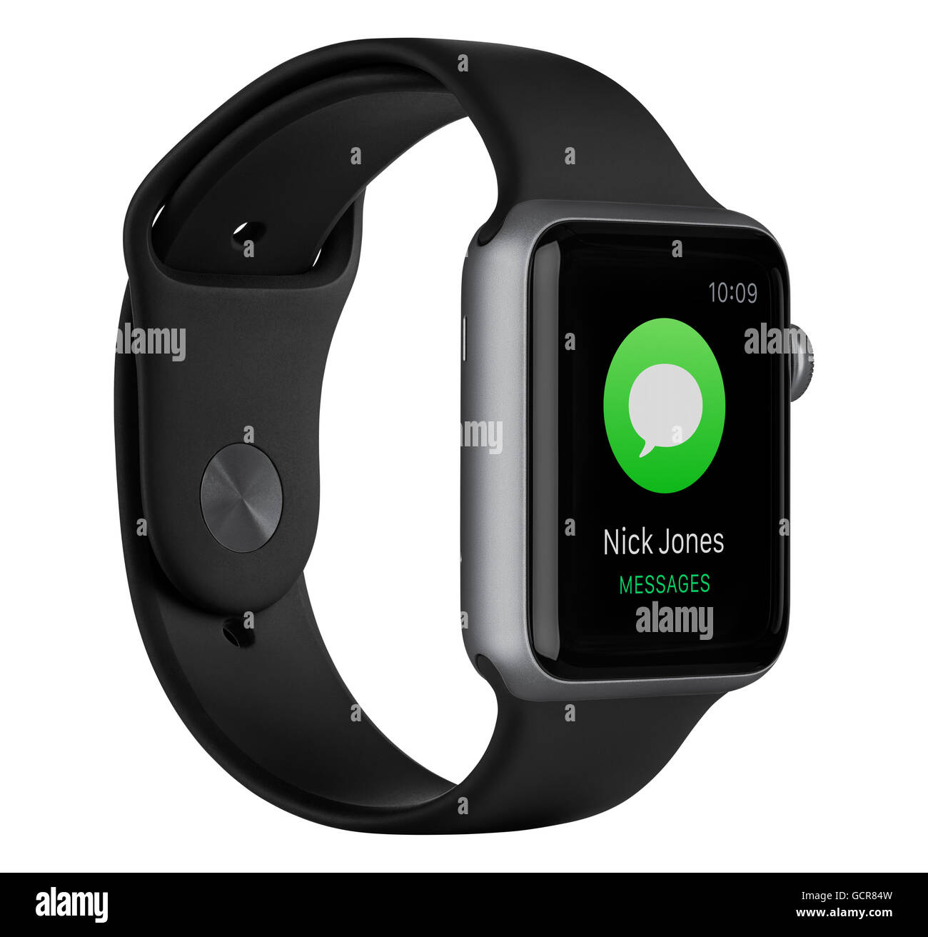 Varna, Bulgarien - 16. Oktober 2015: Linke Seitenansicht der Apple Watch Sport 42 mm Space Grau-Aluminium-Gehäuse mit Sportarmband, schwarz Stockfoto