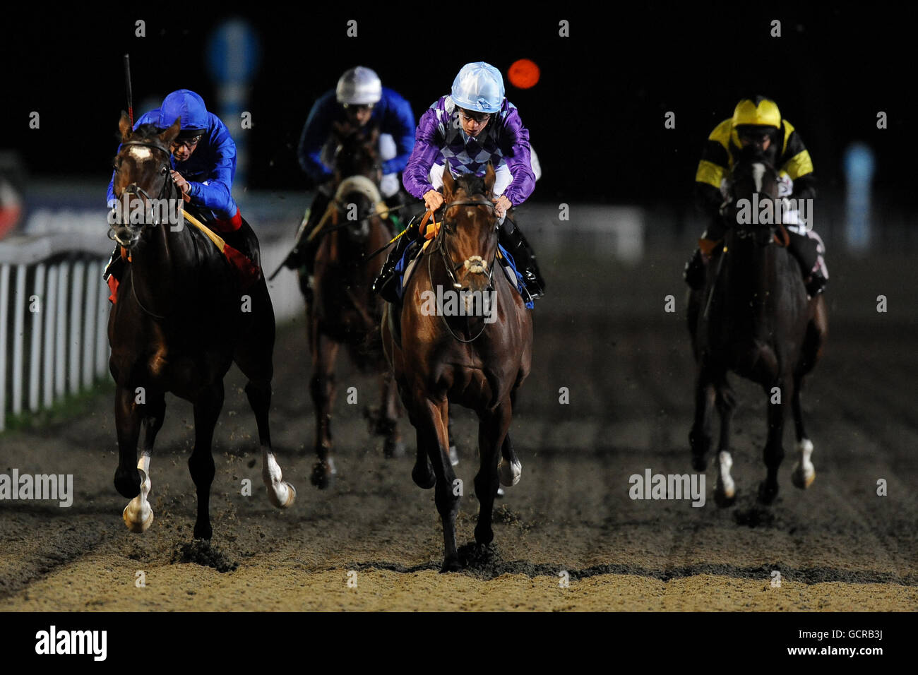 Jockey Shane Kelly auf Crimson China (2. Rechts) Führt das Feld während der Digibet Casino Maiden Stakes Stockfoto