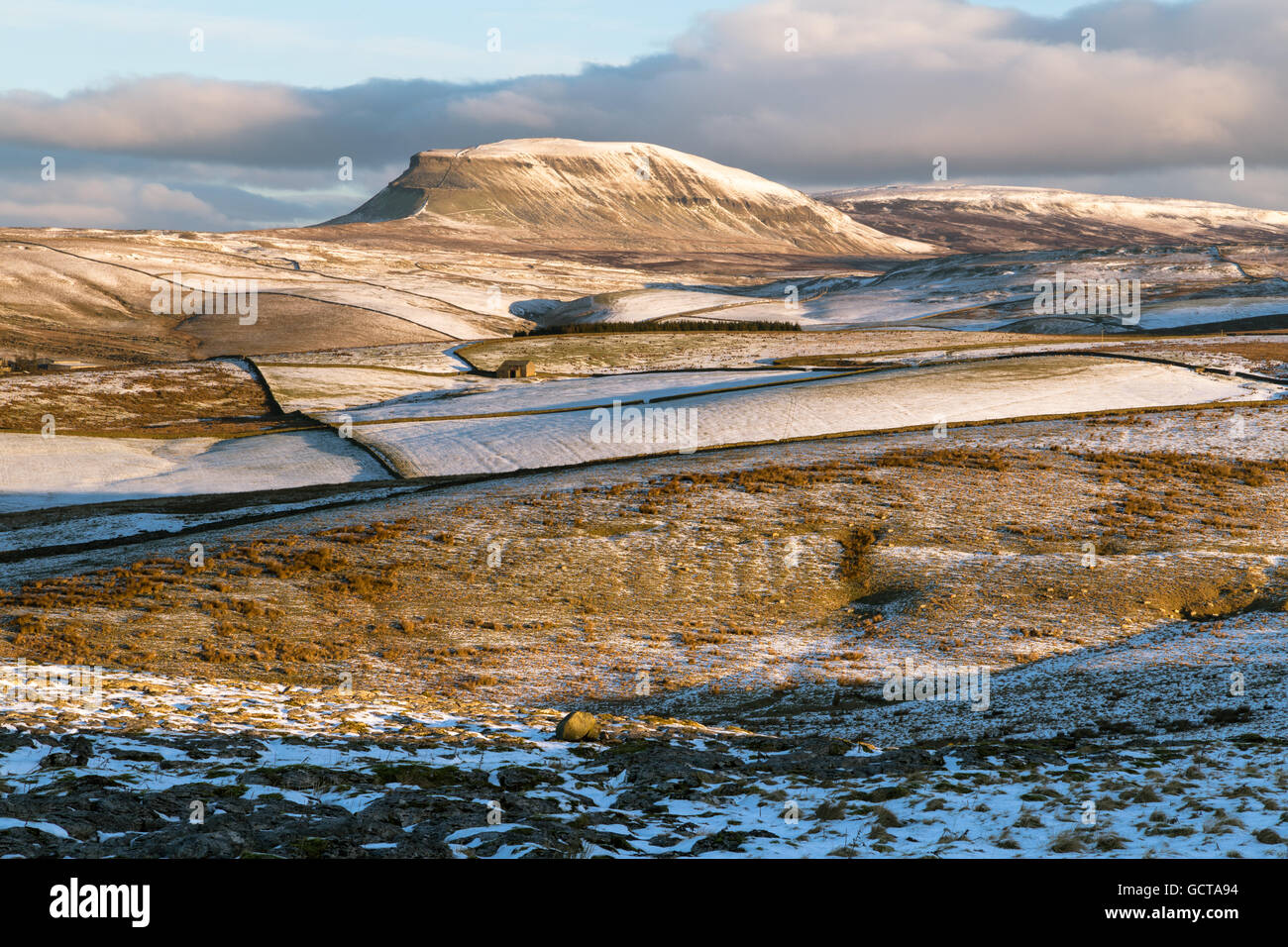 Schneebedeckte Pen-y-Gent im Bereich drei Zinnen der Yorkshire Dales National Park, England, UK Stockfoto