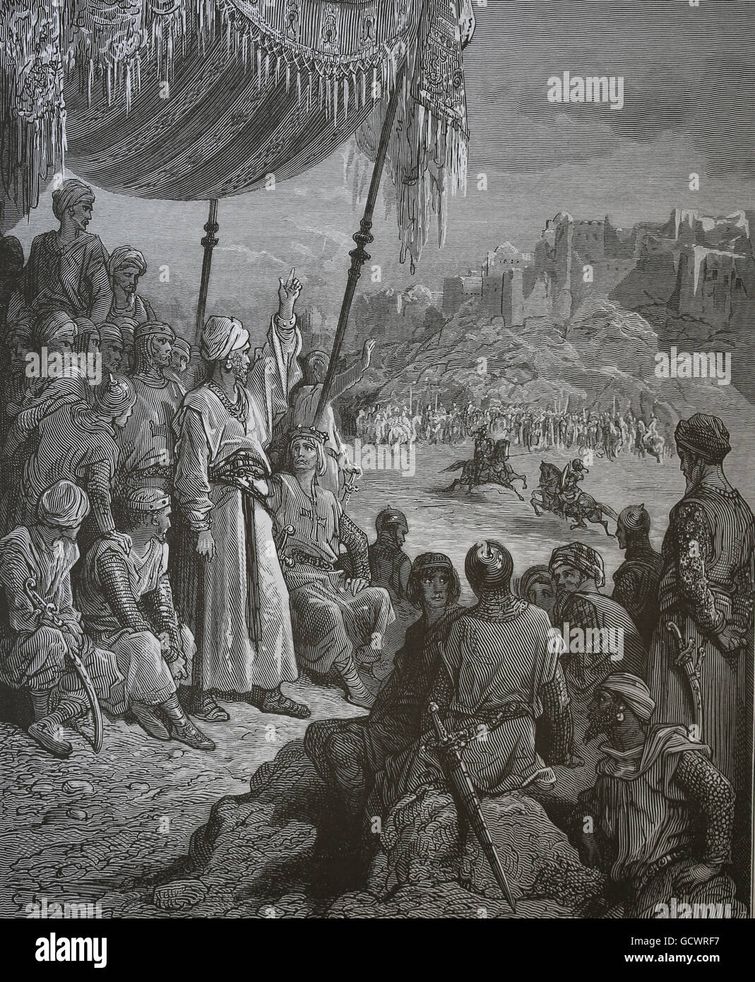 Die Kreuzfahrer und die Ungläubigen zeugen zwei Reiter, die in einem freundlichen Duell sparring. Stich von Gustave Dore (1832-1883). Stockfoto