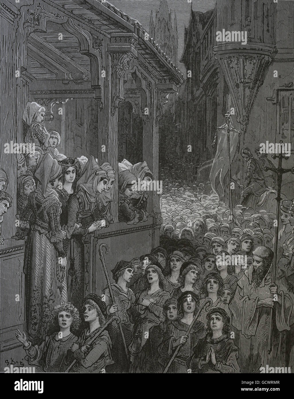 Der Kinderkreuzzug. 1212. Kupferstich von Gustave Dore (1832-1883). Stockfoto