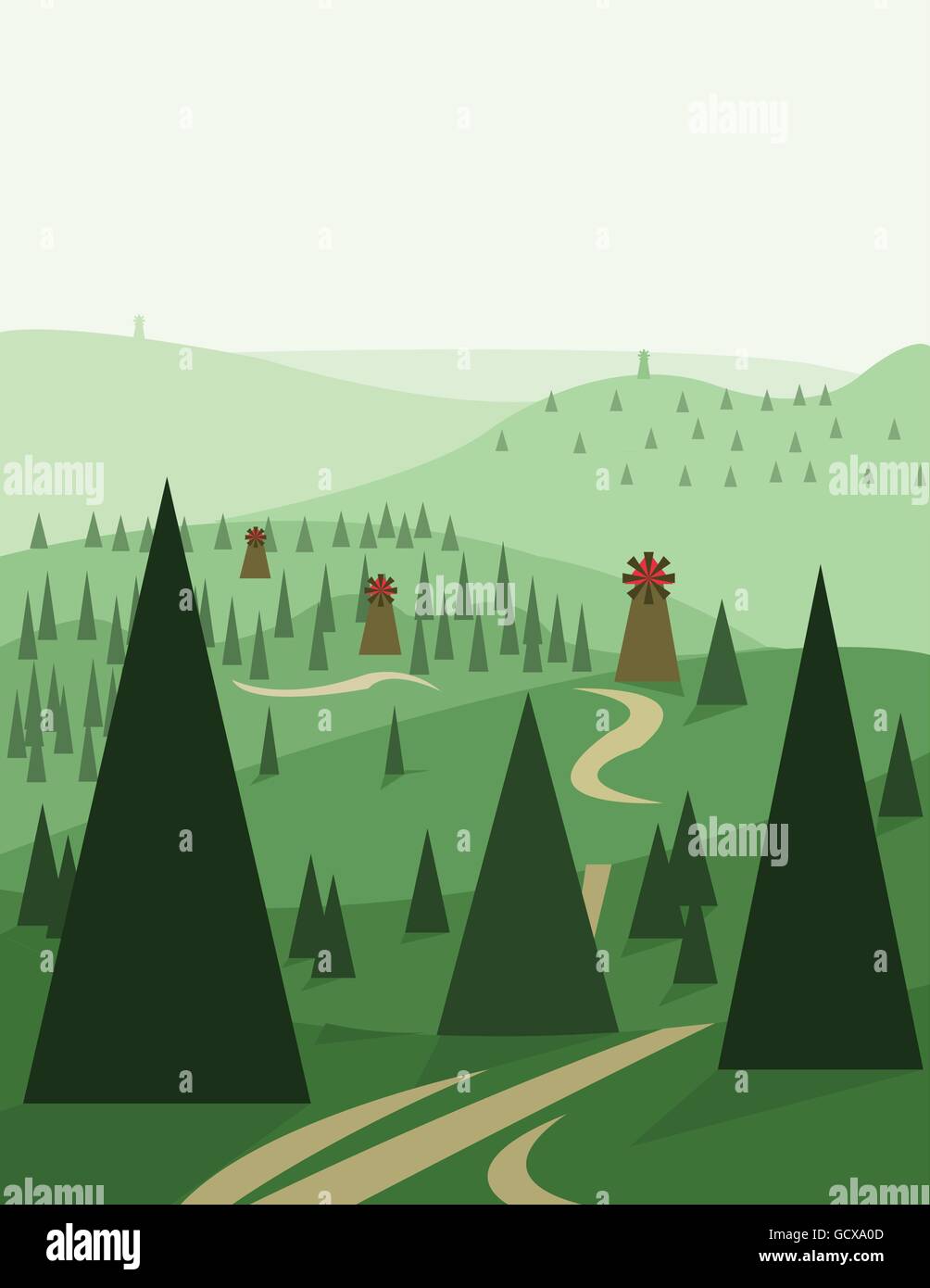 Abstrakte Landschaftsdesign mit grünen Bäumen und Hügeln, Straßen und Windmühlen, flachen Stil. Digitale Vektorgrafik. Stock Vektor
