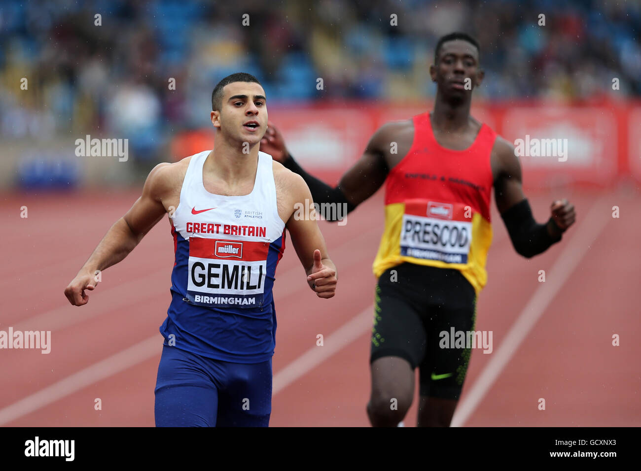 Adam GEMILI & Reece PRESCOD am Ziel der Männer 200m Finale 2016 British Championships; Birmingham Alexander Stadion UK. Stockfoto