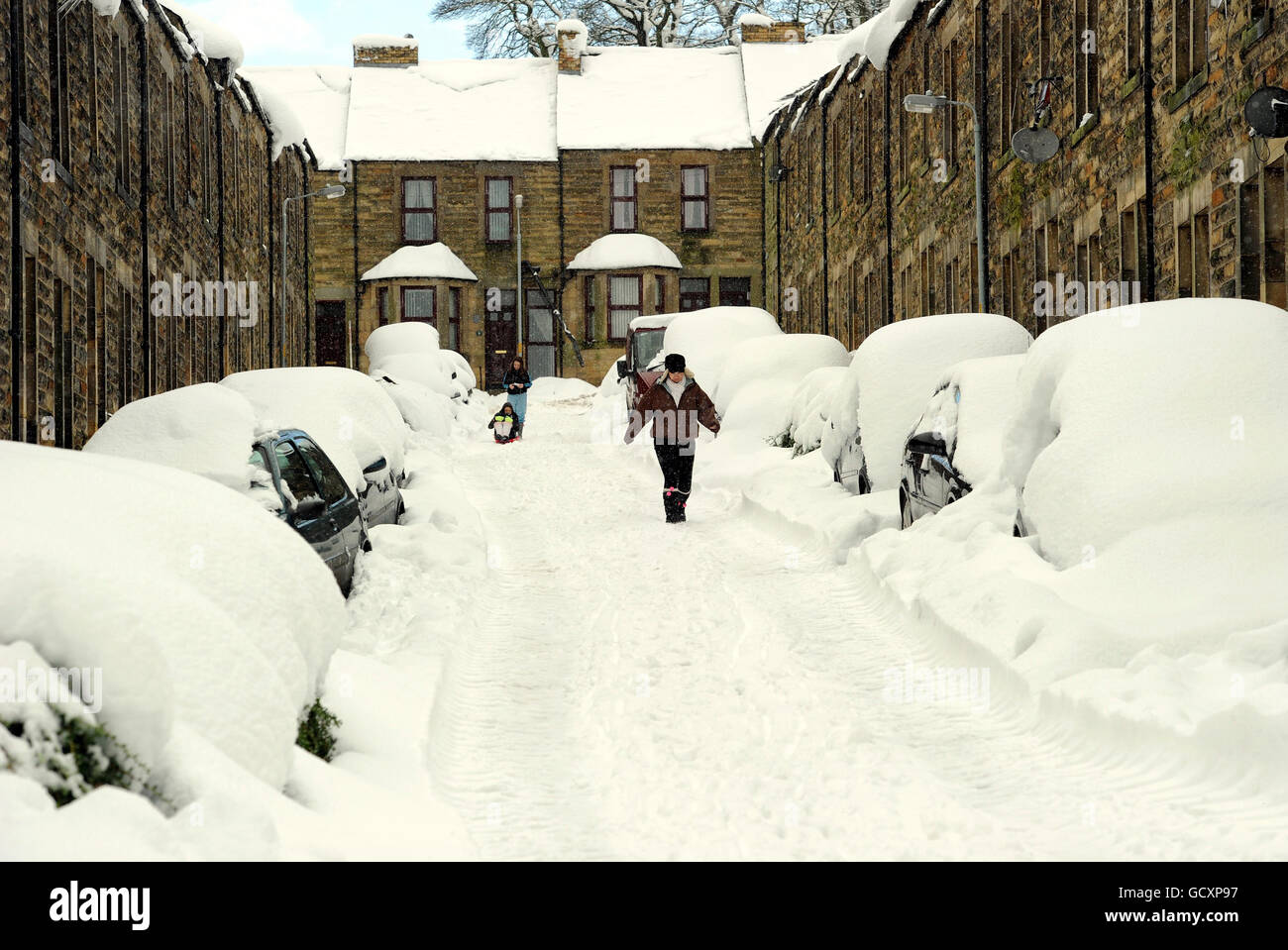 Reihen von Autos bedeckt mit Schnee in Alnwick, Northumberland, als starker Schneefall setzt sich über den Nordosten. Stockfoto