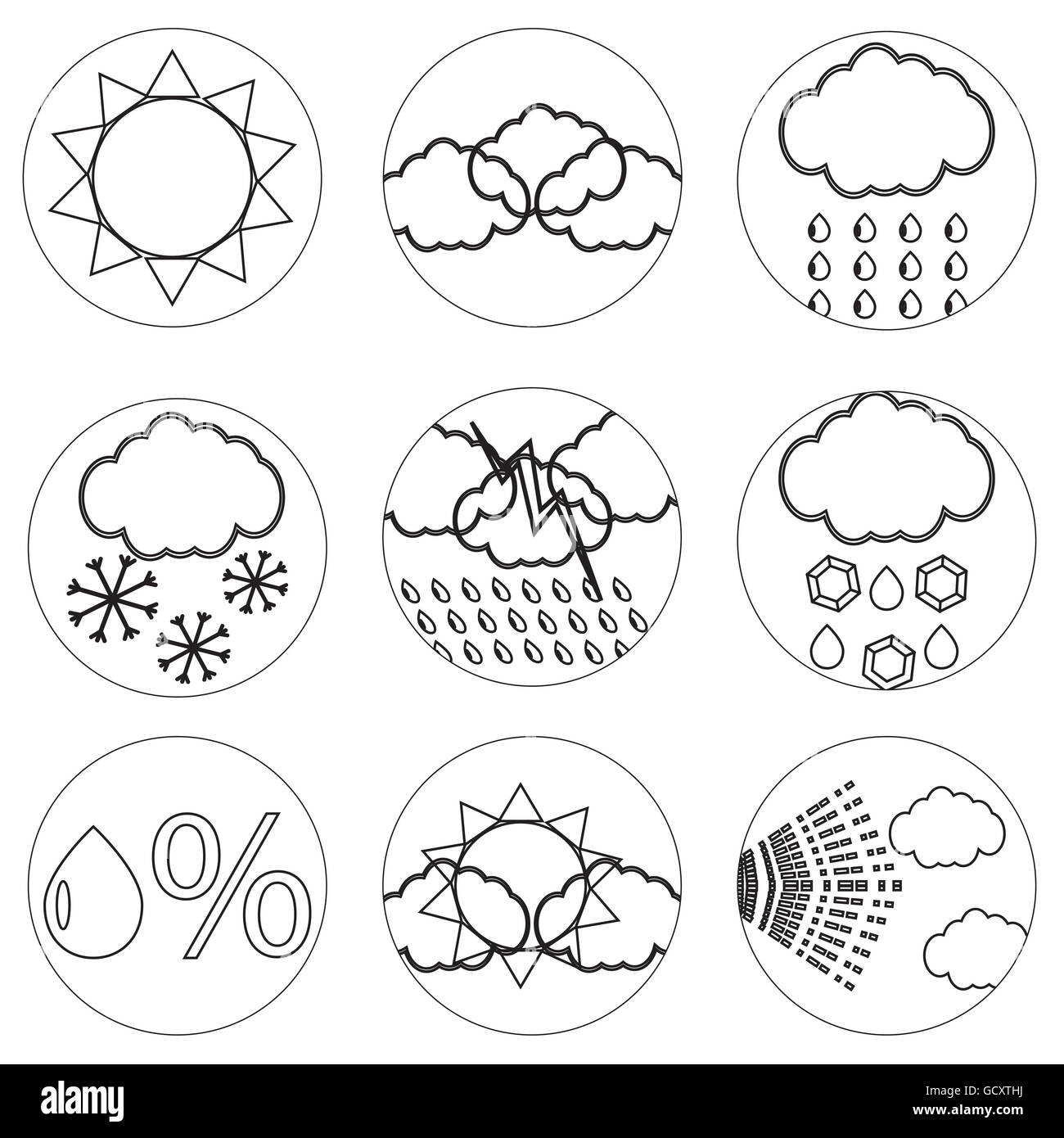 Wetter-Symbole Setzleitung für mobile Anwendungen. Wettersymbole und Wettervorhersage, Vektor-illustration Stockfoto