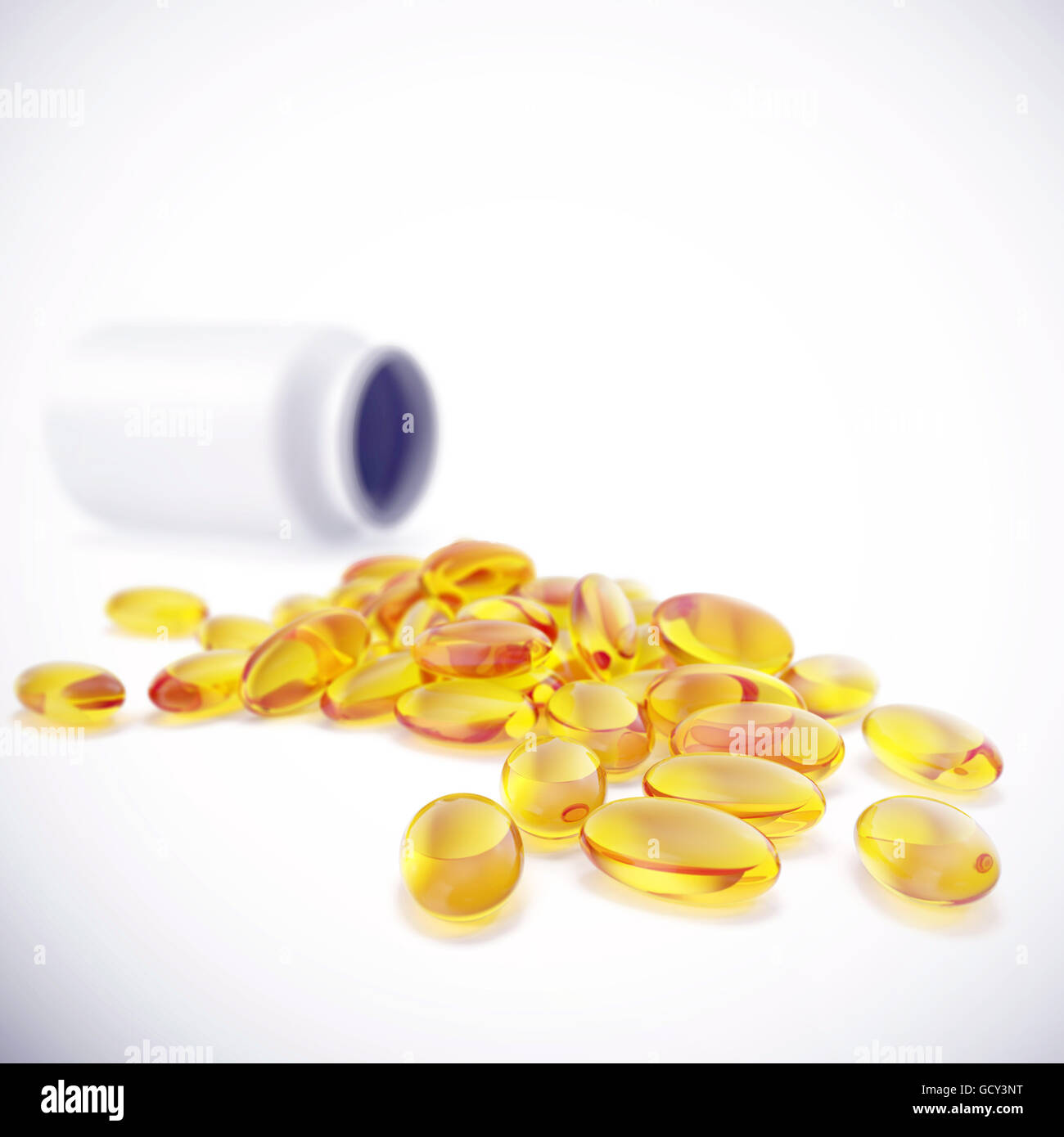 Fischöl Kapseln Omega3 und Pille Flasche auf einem weißen Hintergrund. mit SchärfentiefeEffekt