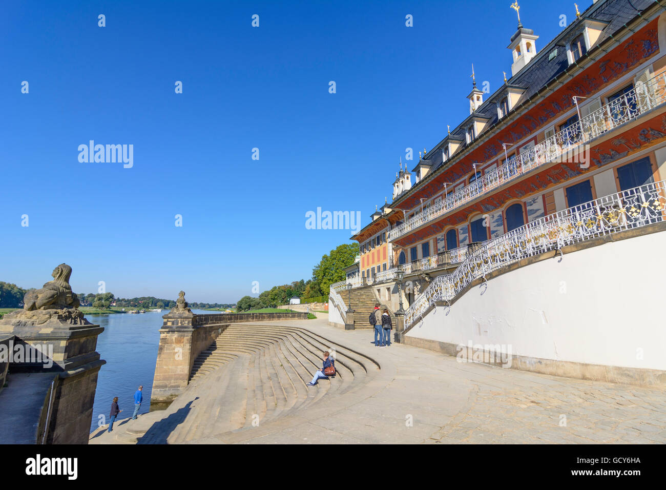 Dresden Riverside Palace (Wasserpalais) Schloss Pillnitz, Fluss Elbe Deutschland Sachsen, Sachsen Stockfoto