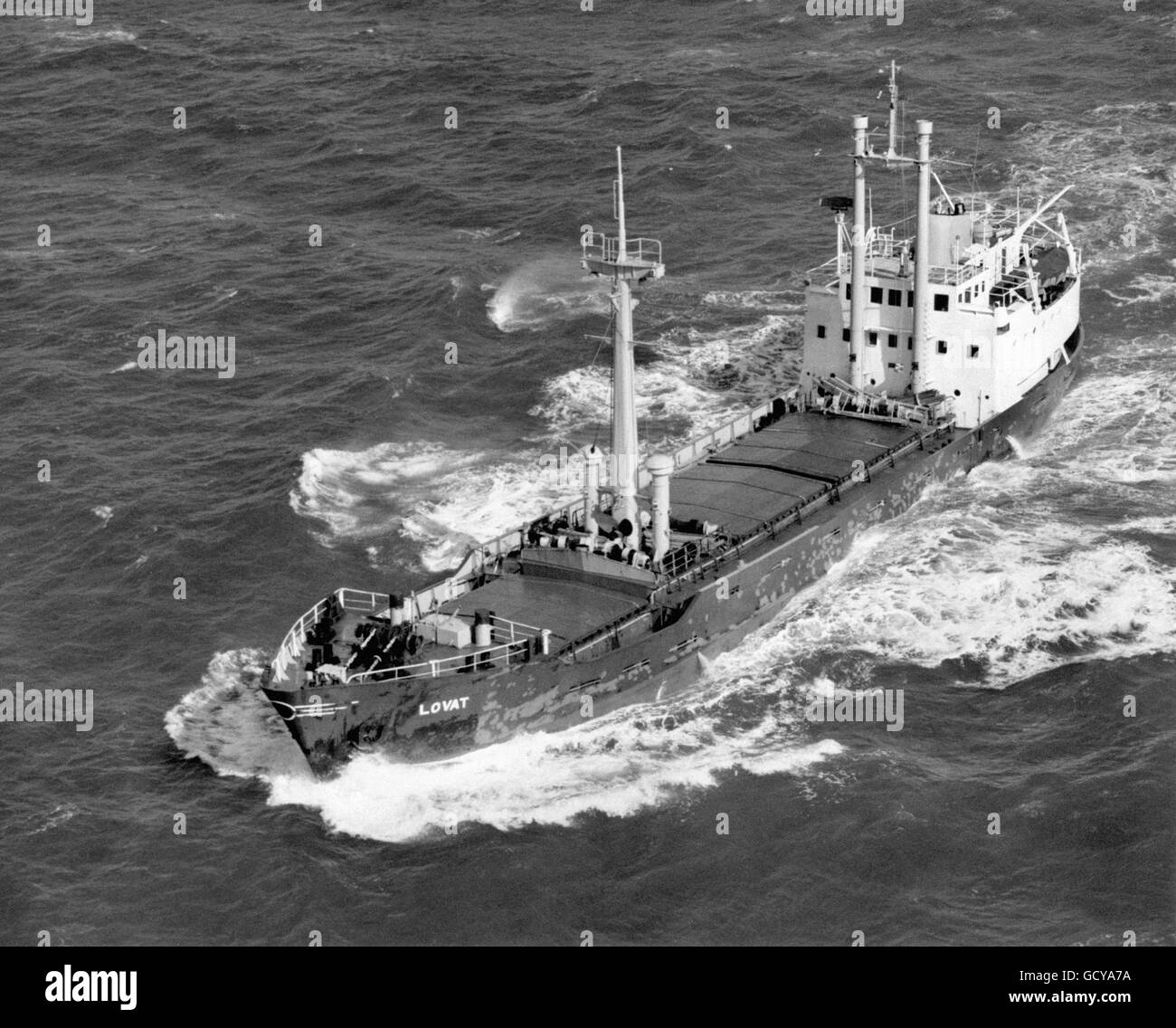 Das britische Frachtschiff MV Lovat, das vor dem Ende von Land, Cornwall, in Stürmen versank. Elf Besatzungsmänner gingen verloren. Stockfoto
