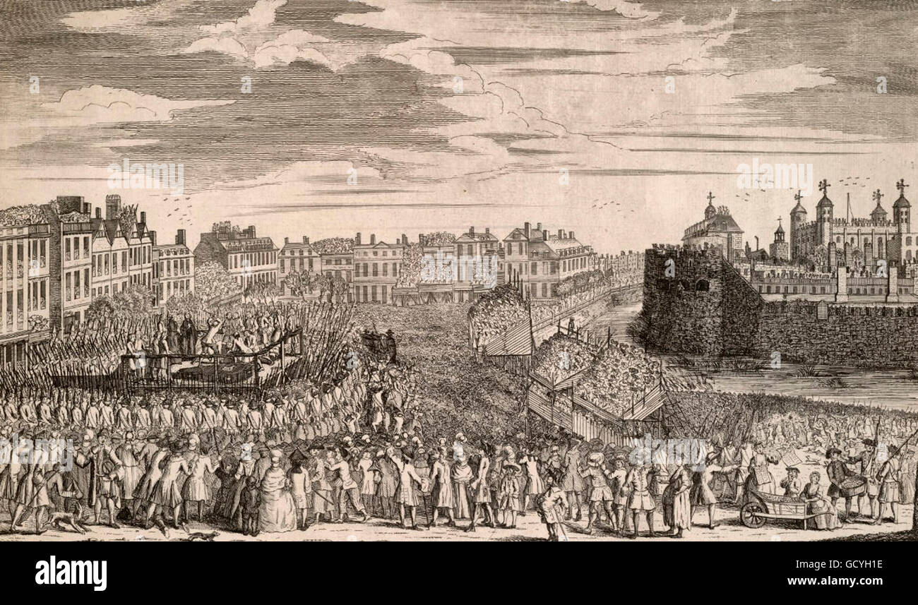 Dies ist eine Gravur der Ausführung der Rebellen nach dem Jacobite Aufstand 1745-1746. Die Gefangenen auf dem Gerüst sind umgeben von Soldaten und durch große Menschenmengen zu Fuß und im grandstands.1746 Stockfoto