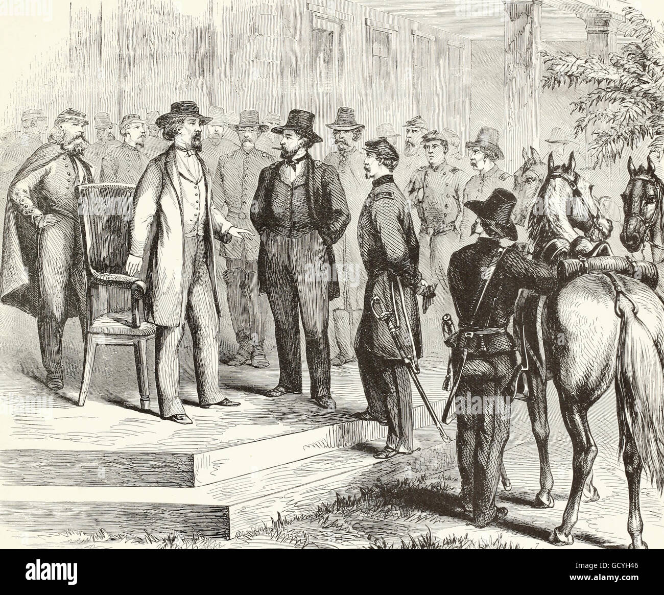 Die Belagerung von Vicksburg - General Ulysses Grant treffen die konföderierten General Pemberton an das Steinhaus in der Konföderierten funktioniert, am Morgen des 4. Juli 1863. USA Bürgerkrieg Stockfoto