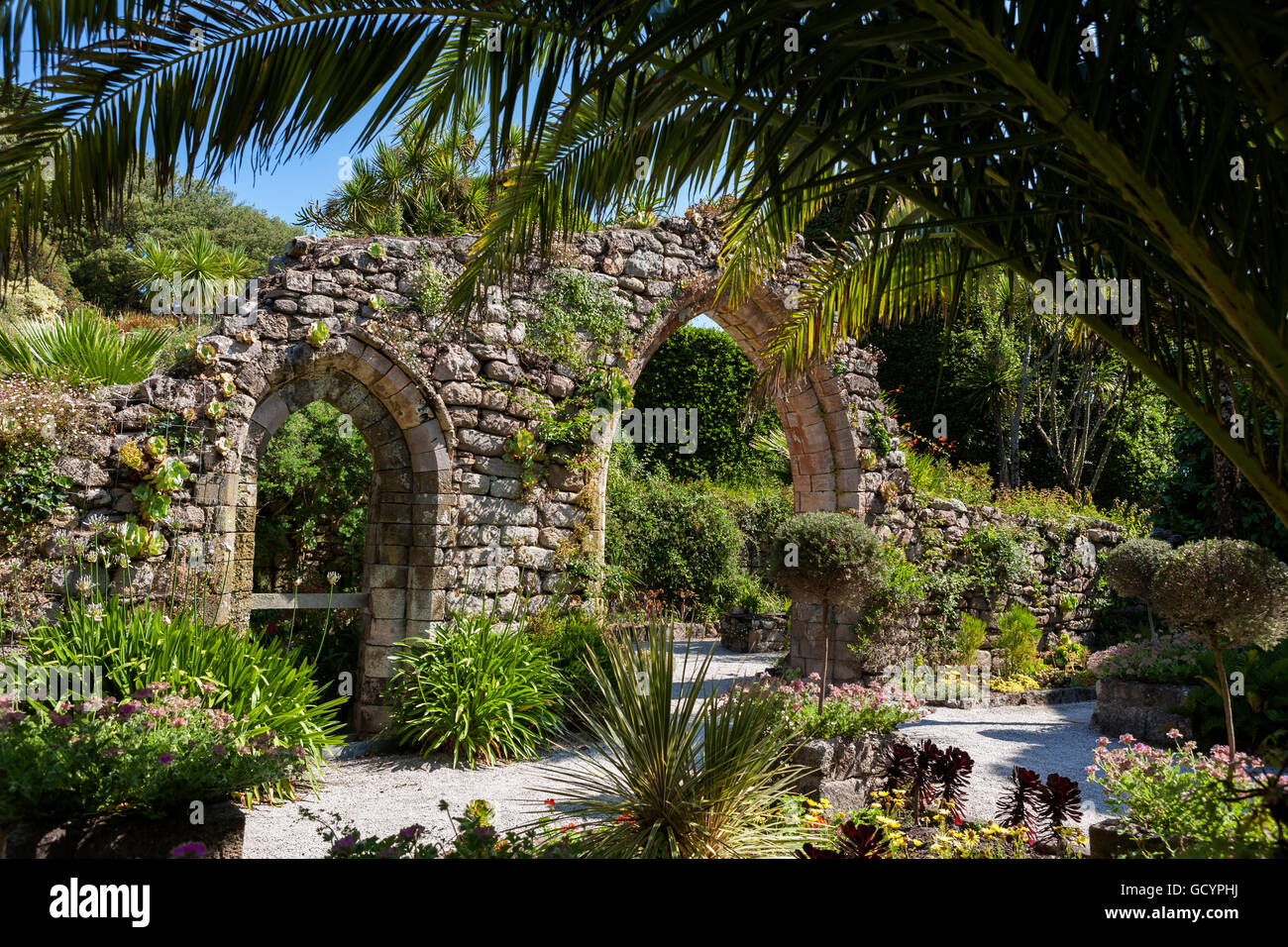 Die alte Abtei, Tresco Klostergarten, Isles of Scilly, Großbritannien Stockfoto