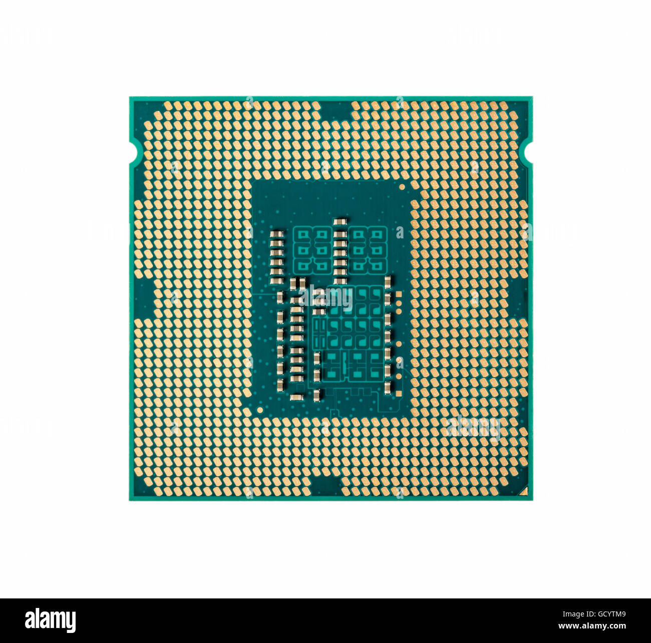 Elektronische Sammlung - Computer CPU-Prozessor-Chip von unten isoliert auf weißem Hintergrund Stockfoto