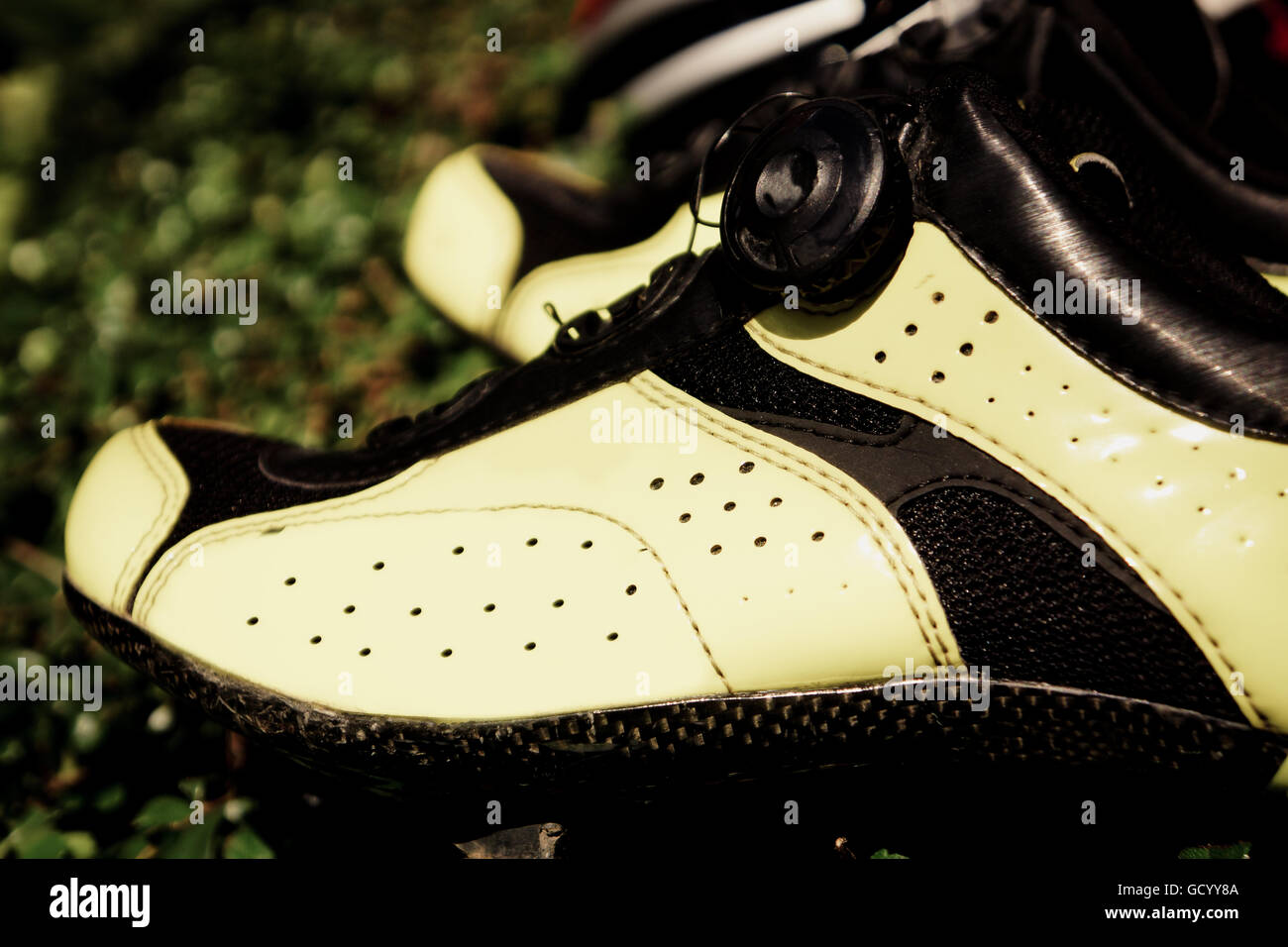 Die gelbe Schuh auf Anlage, schöner Schuh auf noch Natur Hintergrund steht. Stockfoto