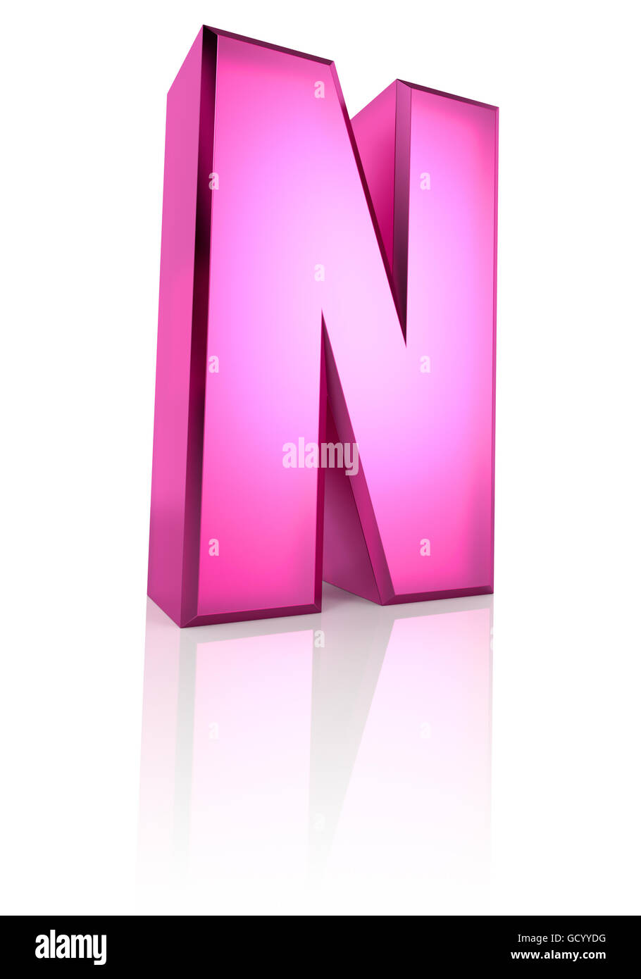 Rosa Buchstaben N isoliert auf weißem Hintergrund. 3D-Rendering Stockfoto