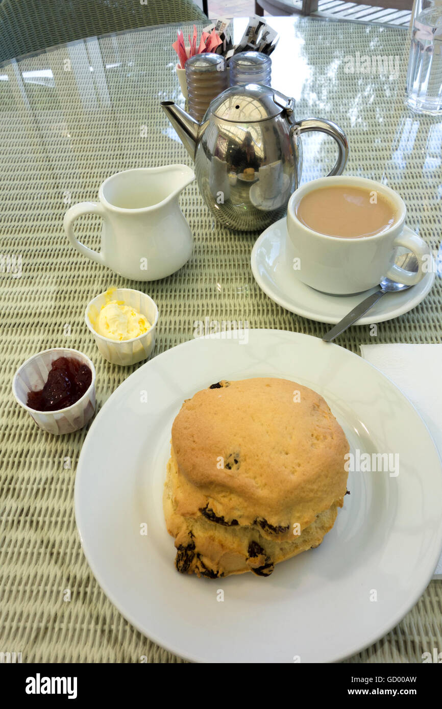 Cream Tea mit Scone auf Platte Marmelade und Sahne Topf Milch und Tasse und Untertasse Teelöffel Tee Stockfoto