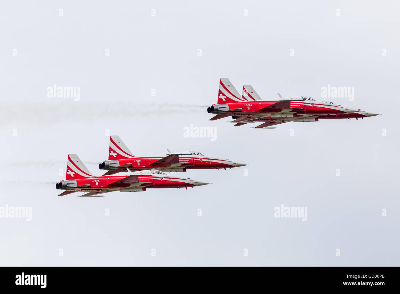 Vier-Schiff der Patrouille Suisse in einer Diamant-Formation abgebildet auf 2016 Royal International Air Tattoo. Stockfoto