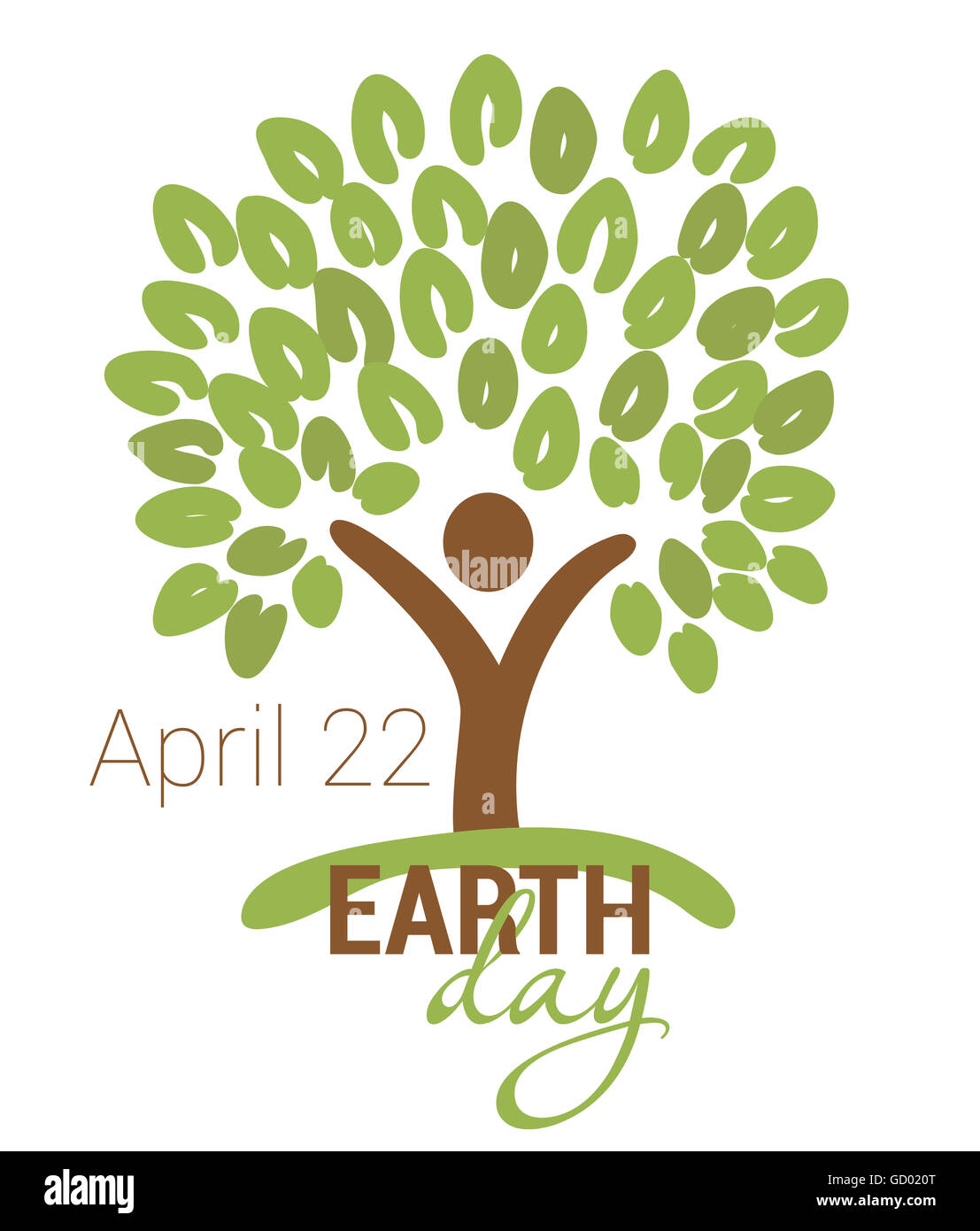 Earth Day Gruß mit abstrakten Baumes als menschliche Figur und Blätter. April 22 Stockfoto