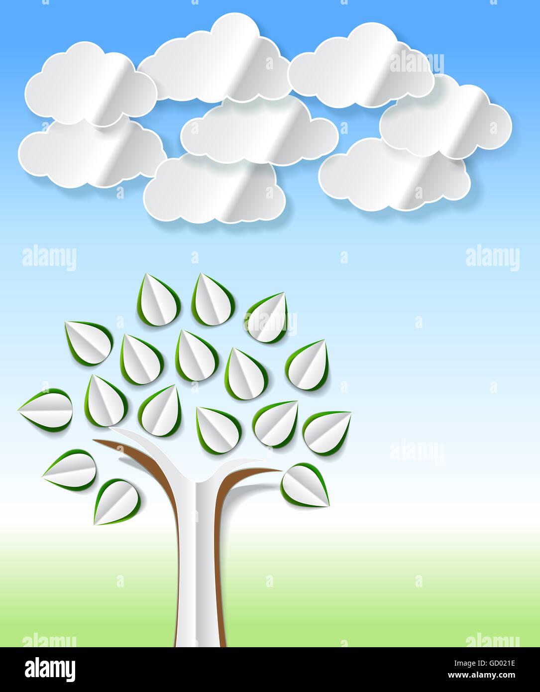 Konzeptbild mit abstrakten Papier Bäume und Wolken auf grüne und blaue Feder Hintergrund ausschneiden Stockfoto