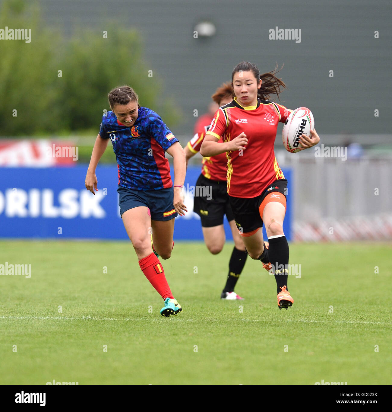 Universität der Welt Meisterschaft Rugby Sevens 2016 an der Swansea University. Aktion vom Spiel zwischen China / Spanien Stockfoto