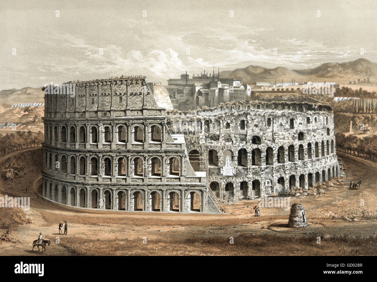 Colossseum im Rome.19th Jahrhundert Darstellung, die "ursprüngliche Struktur und verschlechtertem Zustand". Lithographie von A O Kran und Co im Jahre 1872 veröffentlicht. Stockfoto