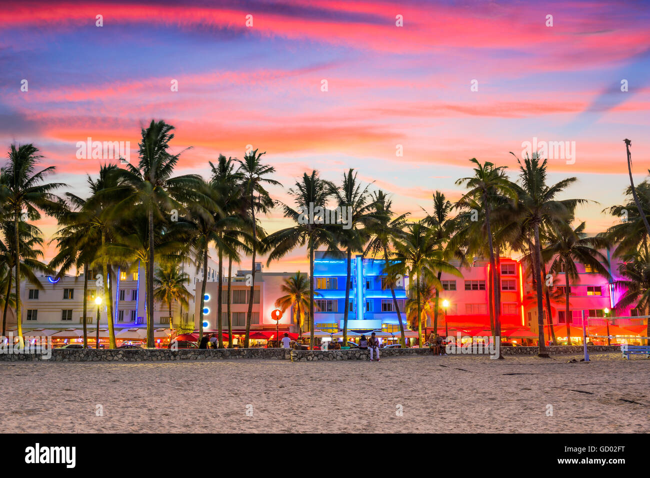Miami, Florida, USA South Beach bei Sonnenuntergang. Stockfoto