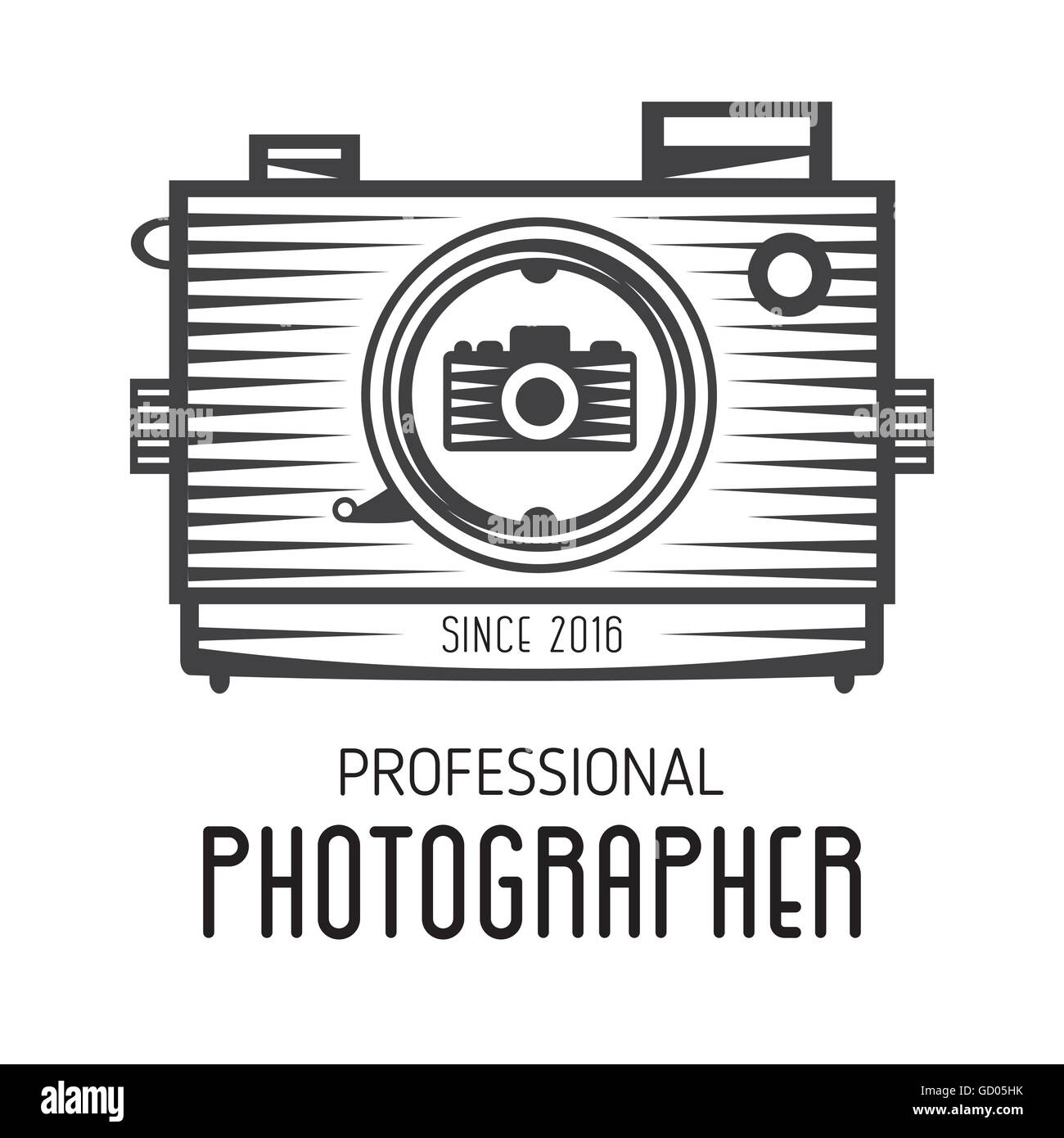 Retro-Vintage Logo der alten Kamera für professionelle Fotografen. Vektor-Design-Element. Vektor-Illustration isoliert. Stock Vektor