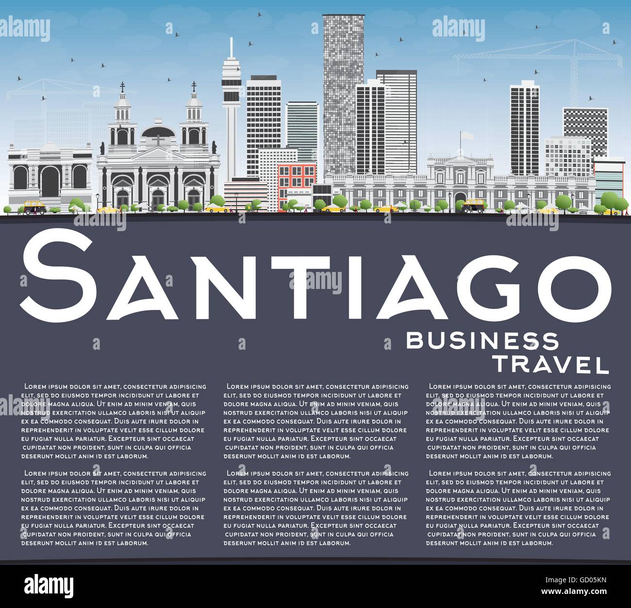 Santiago Chile mit grauen Gebäuden, blauer Himmel und textfreiraum Skyline. Vektor-Illustration. Geschäftsreisen und Tourismus-Konzept Stock Vektor