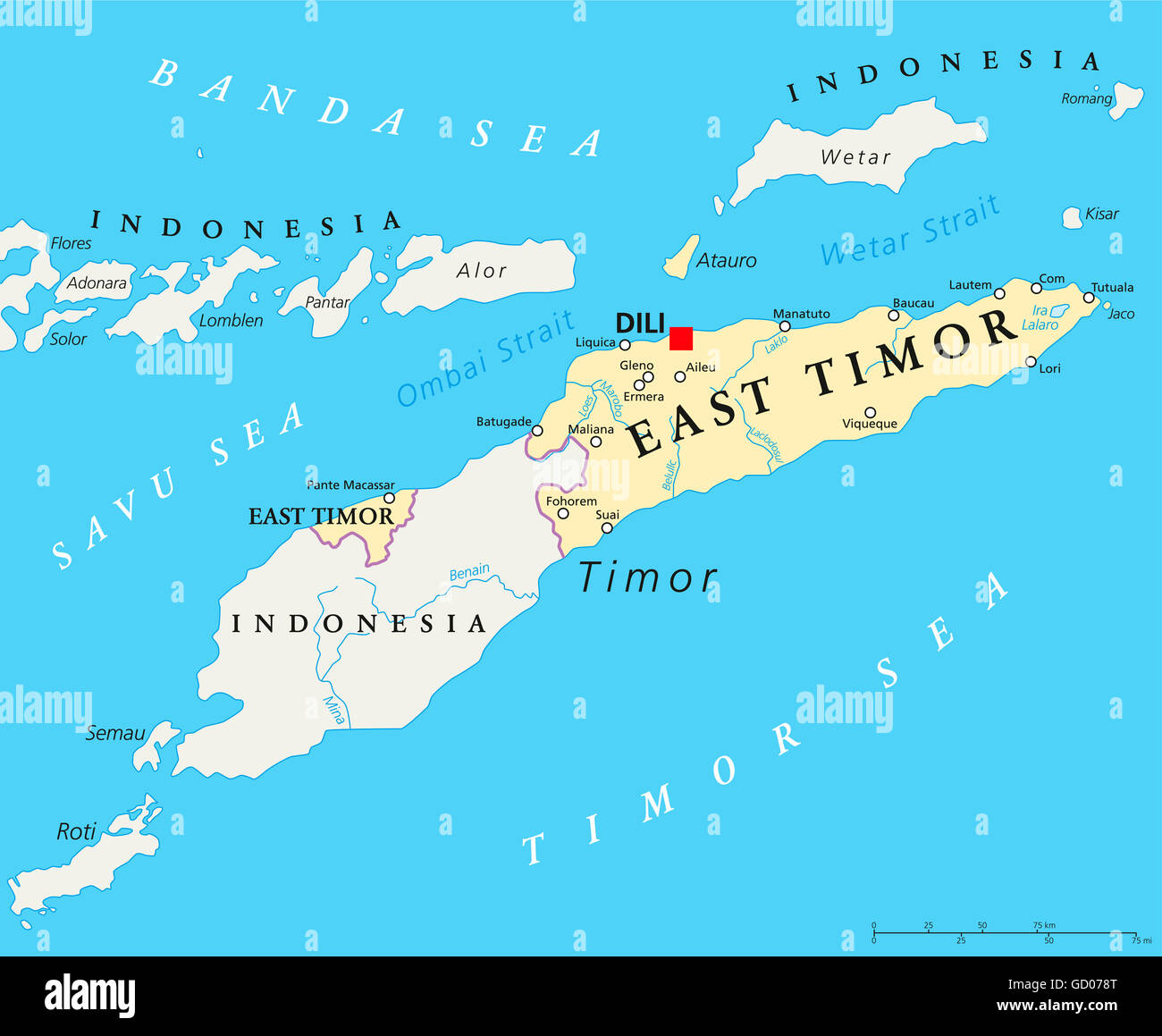 Ost-Timor politische Karte mit Hauptstadt Dili, Landesgrenzen, wichtige Städte und Flüsse. Auch bekannt als Osttimor. Stockfoto