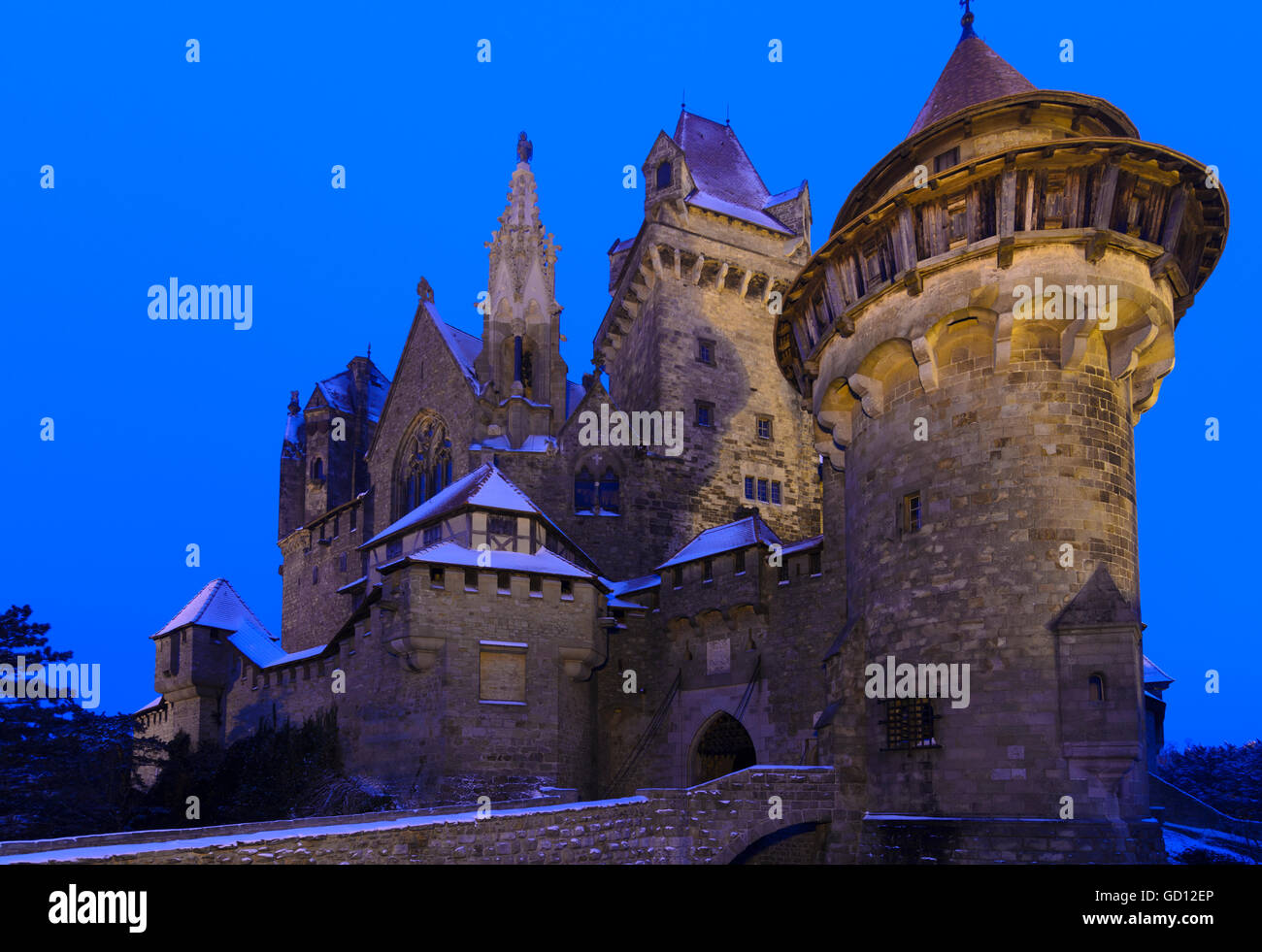 Leobendorf: Kreuzenstein Castle, Schnee, Schnee, Österreich, Niederösterreich, Niederösterreich, Donau Stockfoto