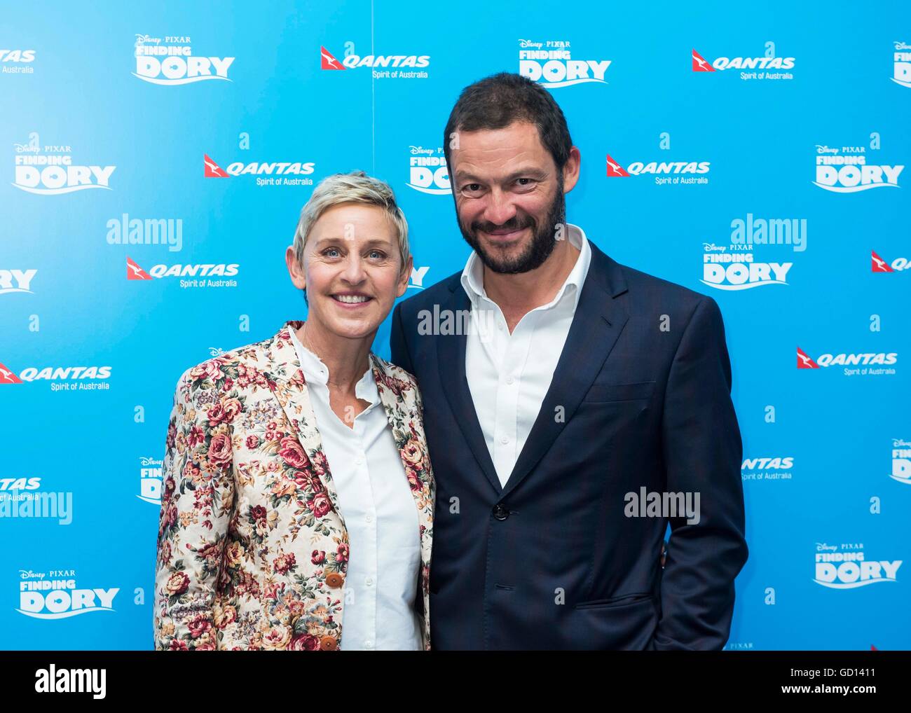 Ellen DeGeneres und Dominic West besucht die UK-Premiere von Finding Dory, im Odeon Leicester Square in London. Stockfoto