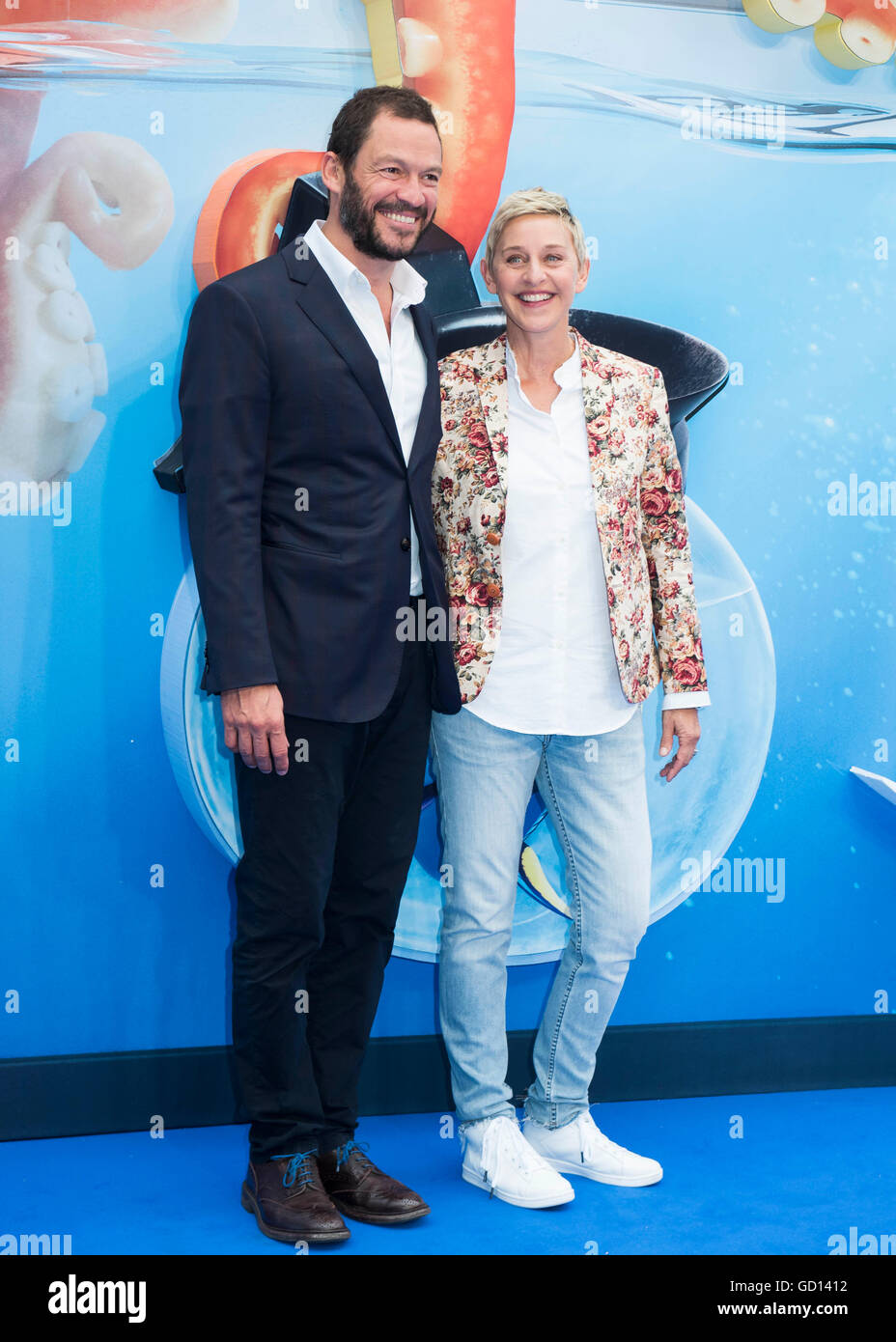 Dominic West und Ellen DeGeneres besuchen die UK-Premiere von Finding Dory, im Odeon Leicester Square in London. Stockfoto