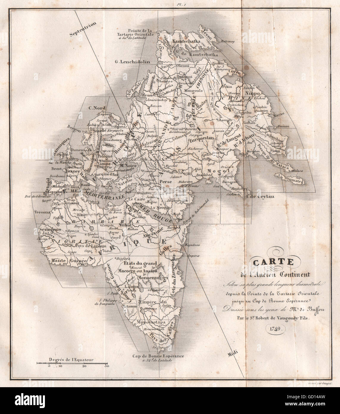 ÖSTLICHE Hemisphäre: "Ancien Kontinent" Europa Asien Afrika 1749 VAUGONDY 1837 Karte Stockfoto