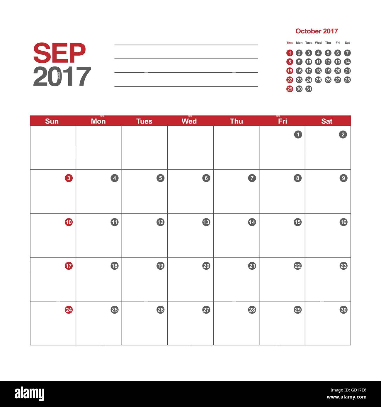 Vorlage des Kalenders für September 2017 Stock Vektor