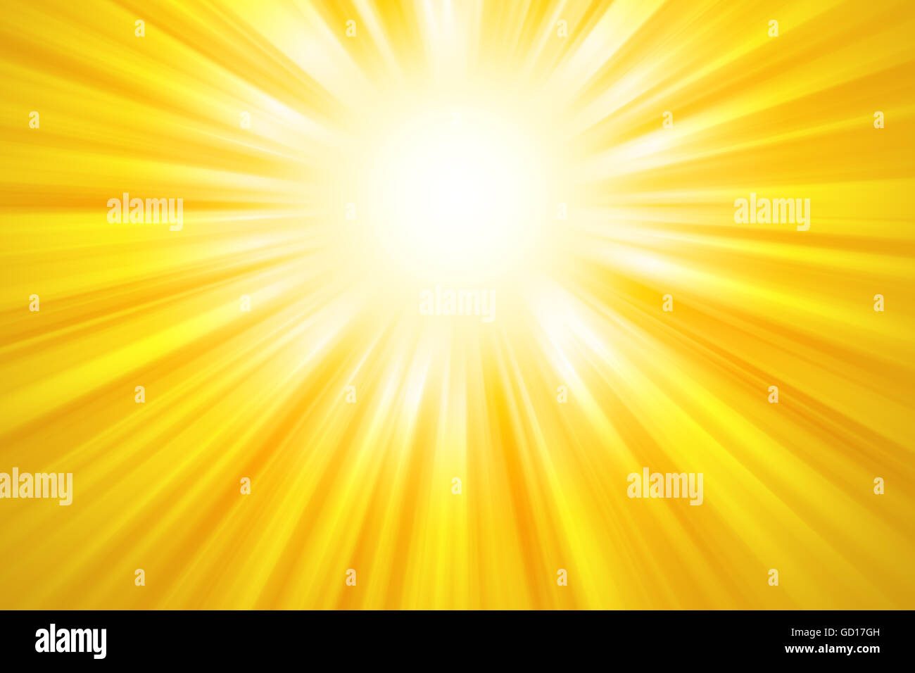 Goldene Sonnenstrahlen Hintergrund. Leuchtend gelbe Lichtstrahlen, die aus der oberen Mitte des Bildes. Abbildung. Stockfoto