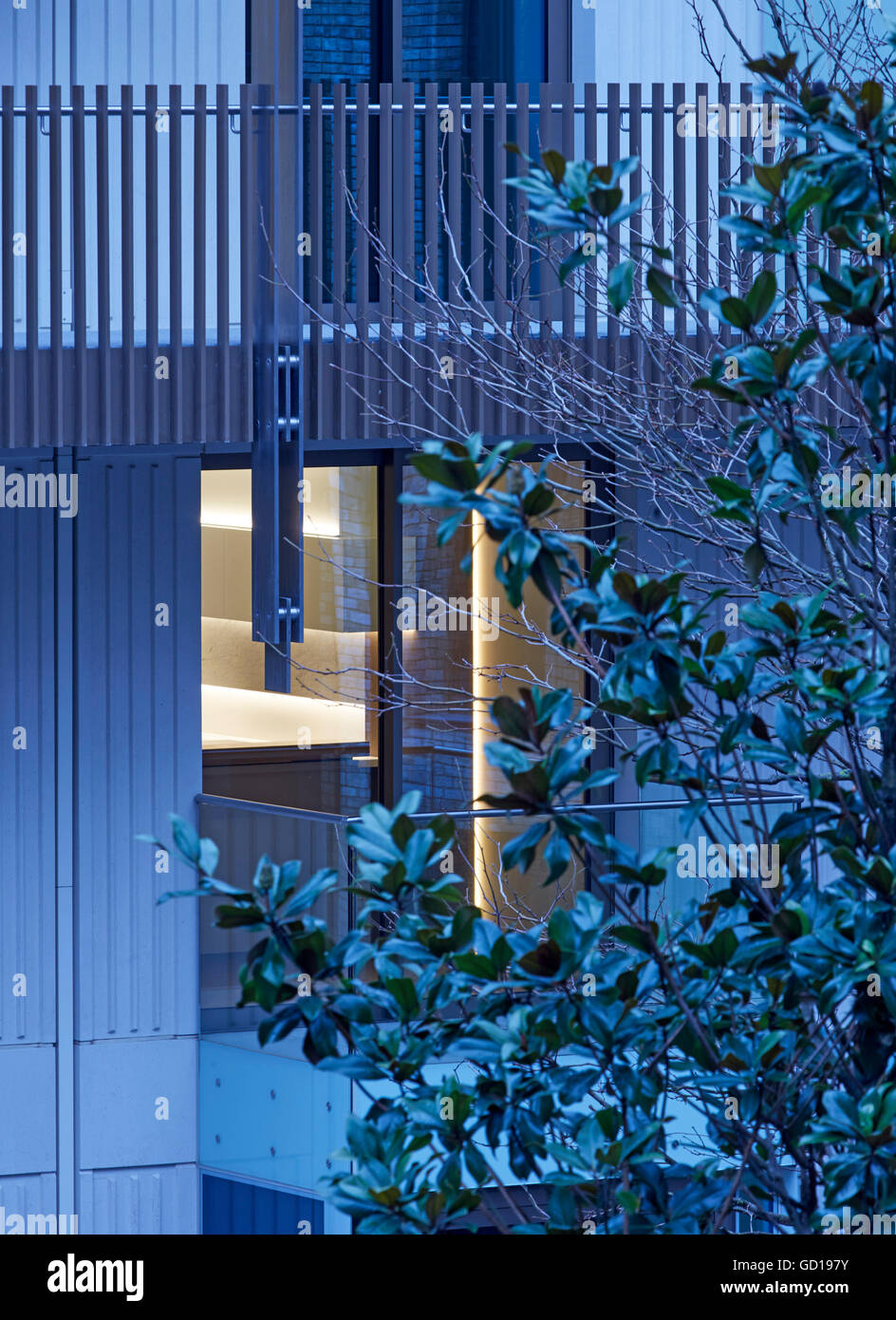 Blick in typische Einheit in der Abenddämmerung. Fitzroy Place, London, Großbritannien. Architekt: Johnson Naylor, 2016. Stockfoto