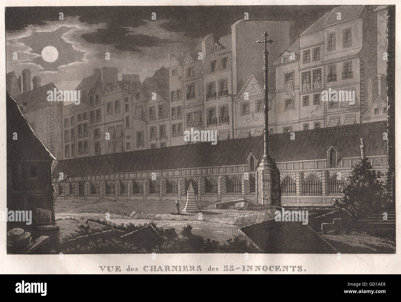 PARIS: Charniers des Heiligen Unschuldigen. Aquatinta, antiken Druck 1808 Stockfoto